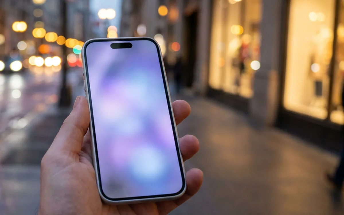Рука держит iPhone на вечерней улице
